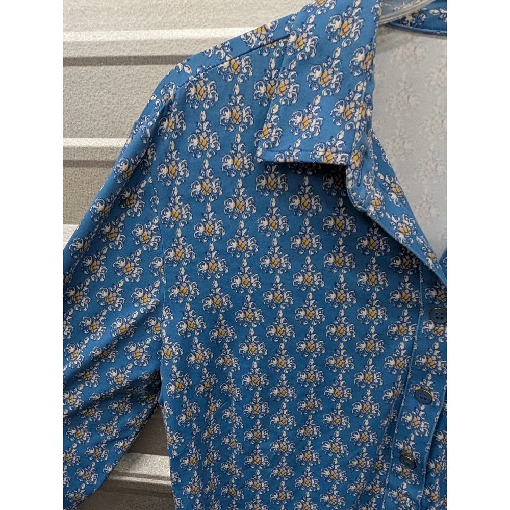 J. McLaughlin Women's Catalina Cloth Blue Damask Floral Long Sleeve Polo Top- M - Picture 5 of 7
